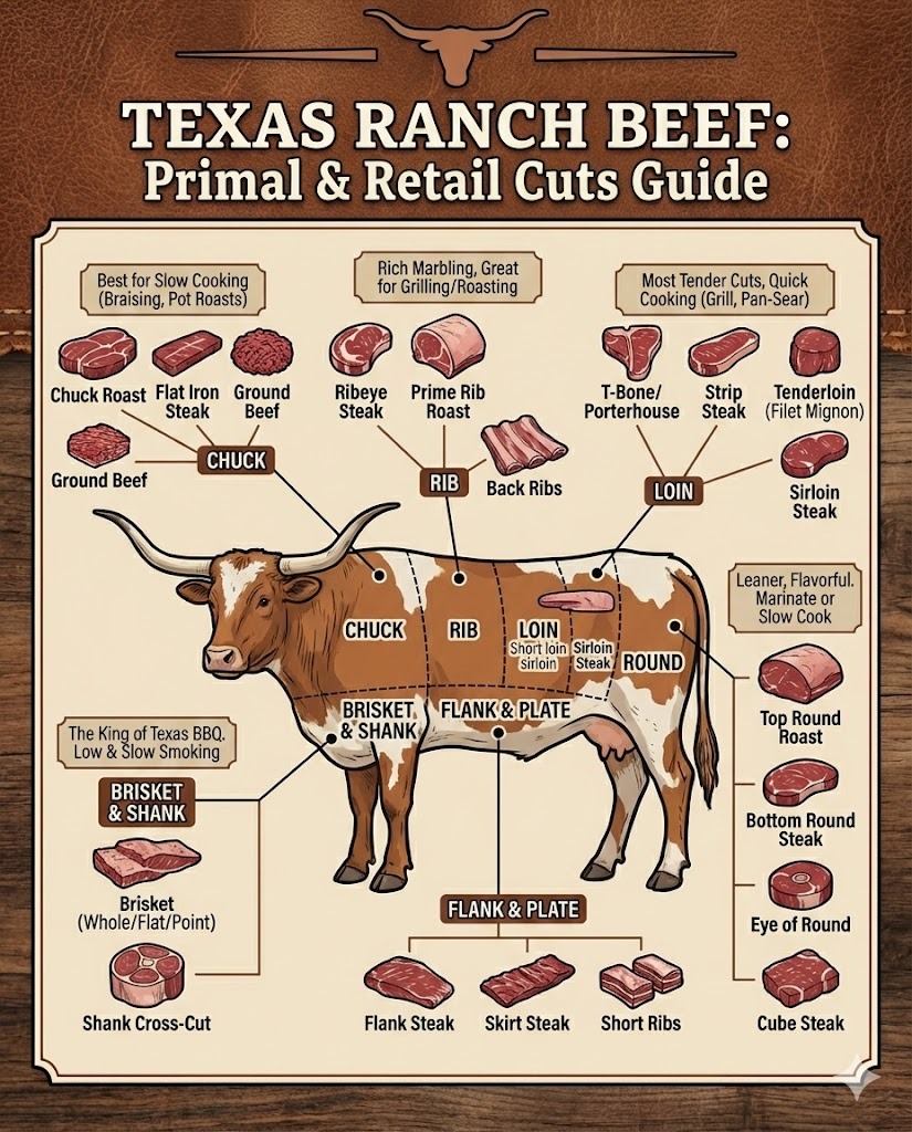 Texas Ranchers Beef and Beef Cuts from Cattle
