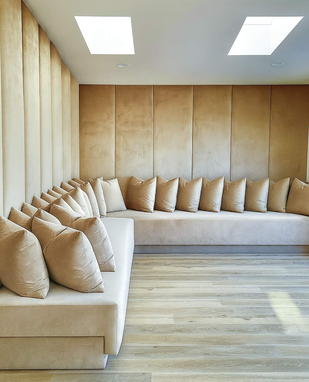Custom wall panel bench by Solo Home Decor styled with multiple plush cushions, showing a segmented seating look