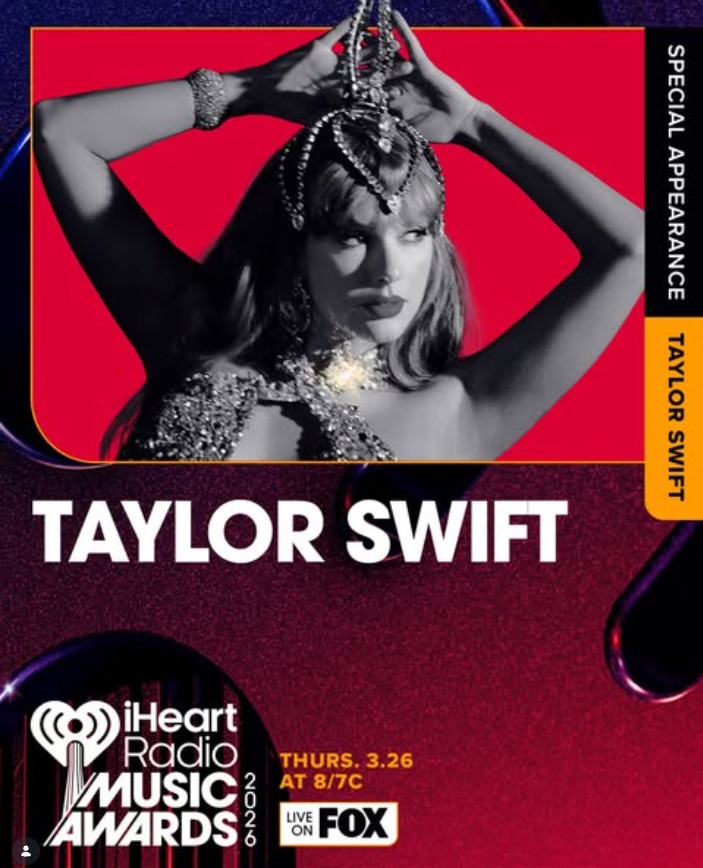 Taylor Swift appearing at the 2026 iHeartRadio Music Awards on Fox in a jeweled headpiece.