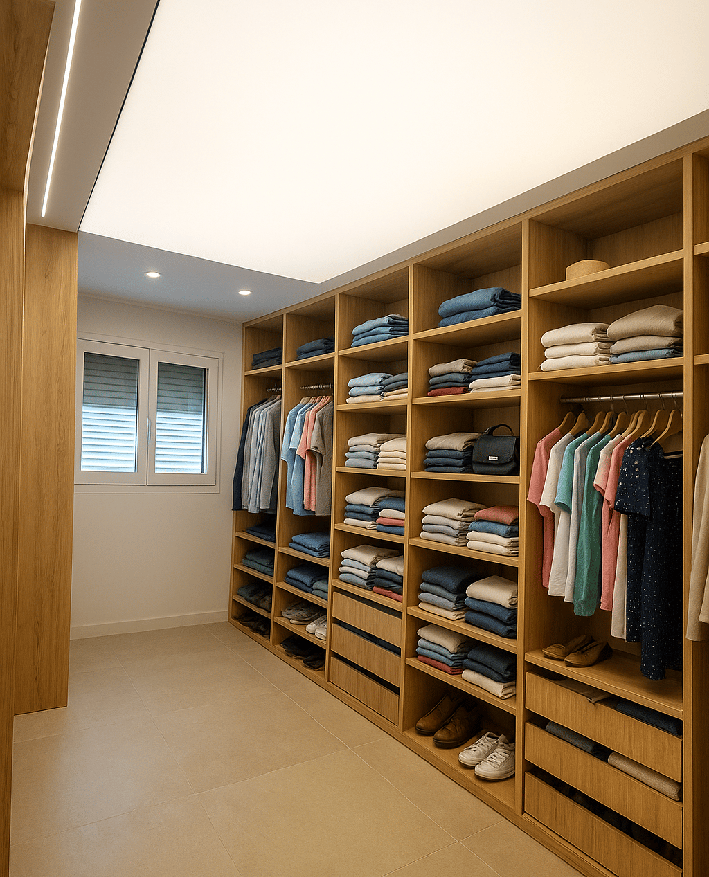 Vestidor en Alberic con techo tensado luminoso y mobiliario de madera