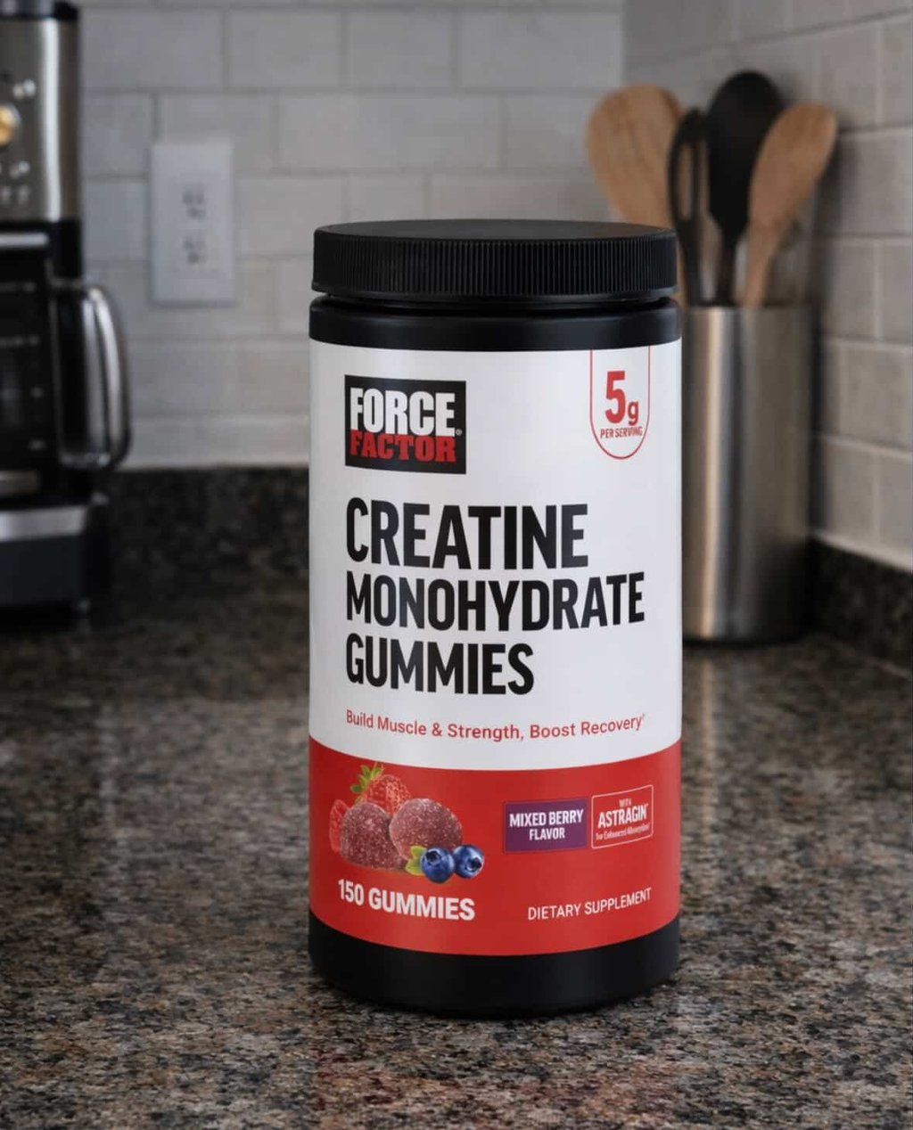 Force Factor Creatine Gummies in a bottle on a counter