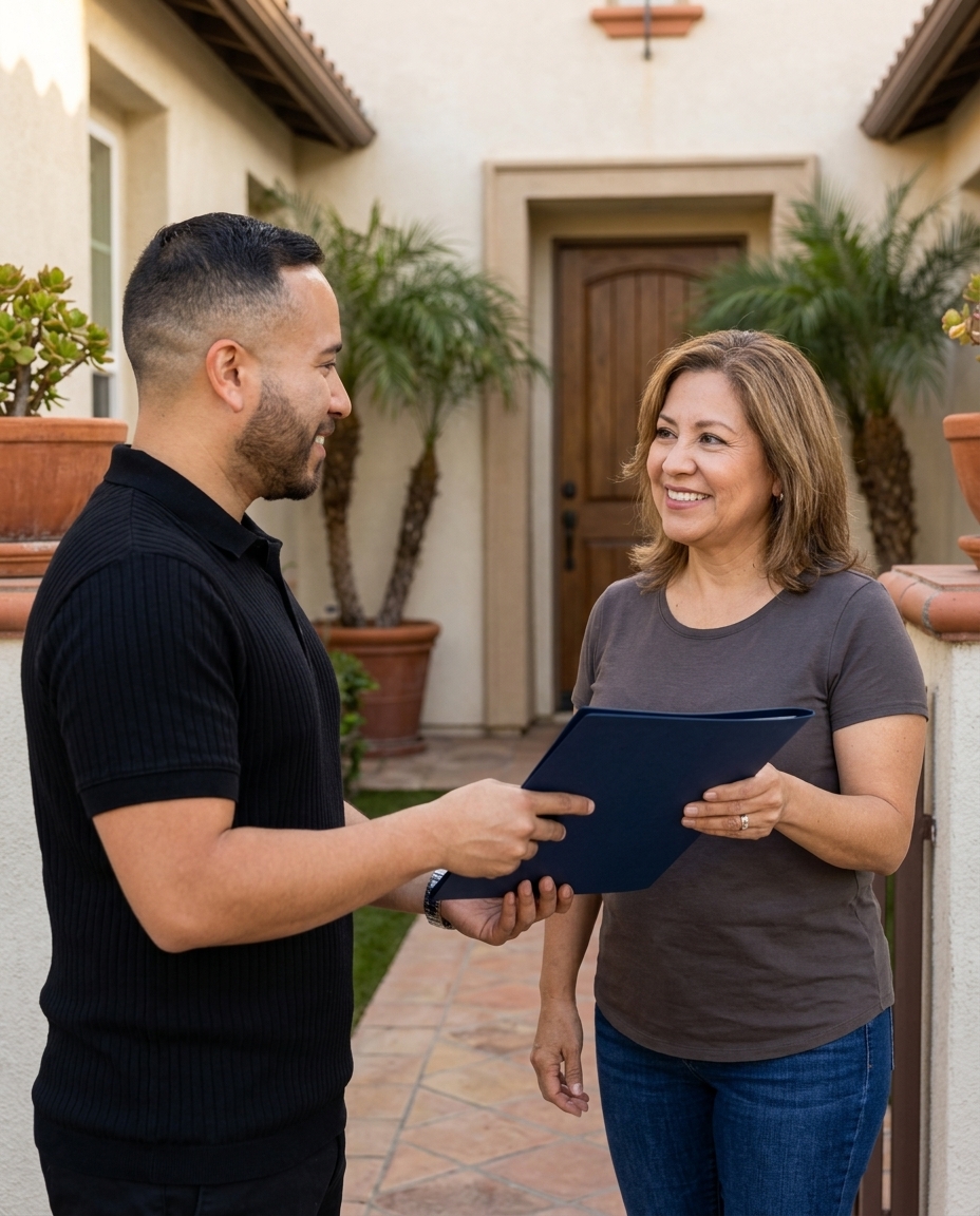 A man in a black polo shirt handing a folder to a smiling homeowner outside her house.