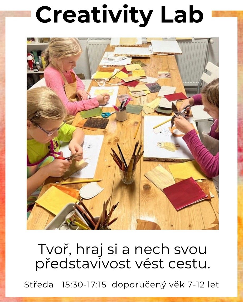 Dětské workshopy Creativity Lab – středy 15:30–17:30, věk 7–12 let, tvoření a kreativní aktivity s B