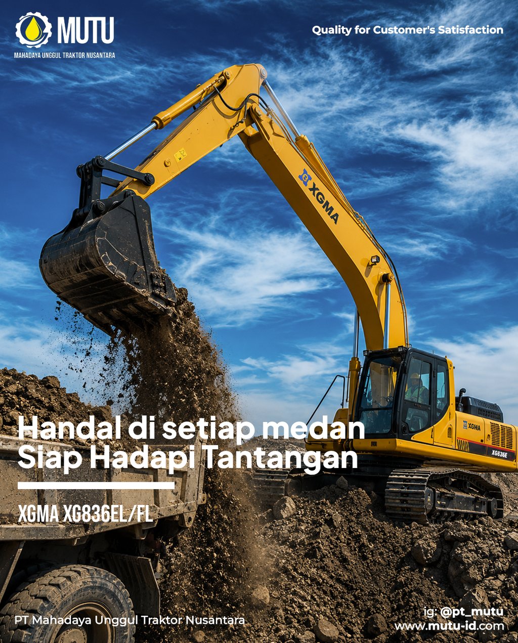Yellow XGMA XG836EL/FL excavator digging soil at a construction site, showcasing its power and reliability.