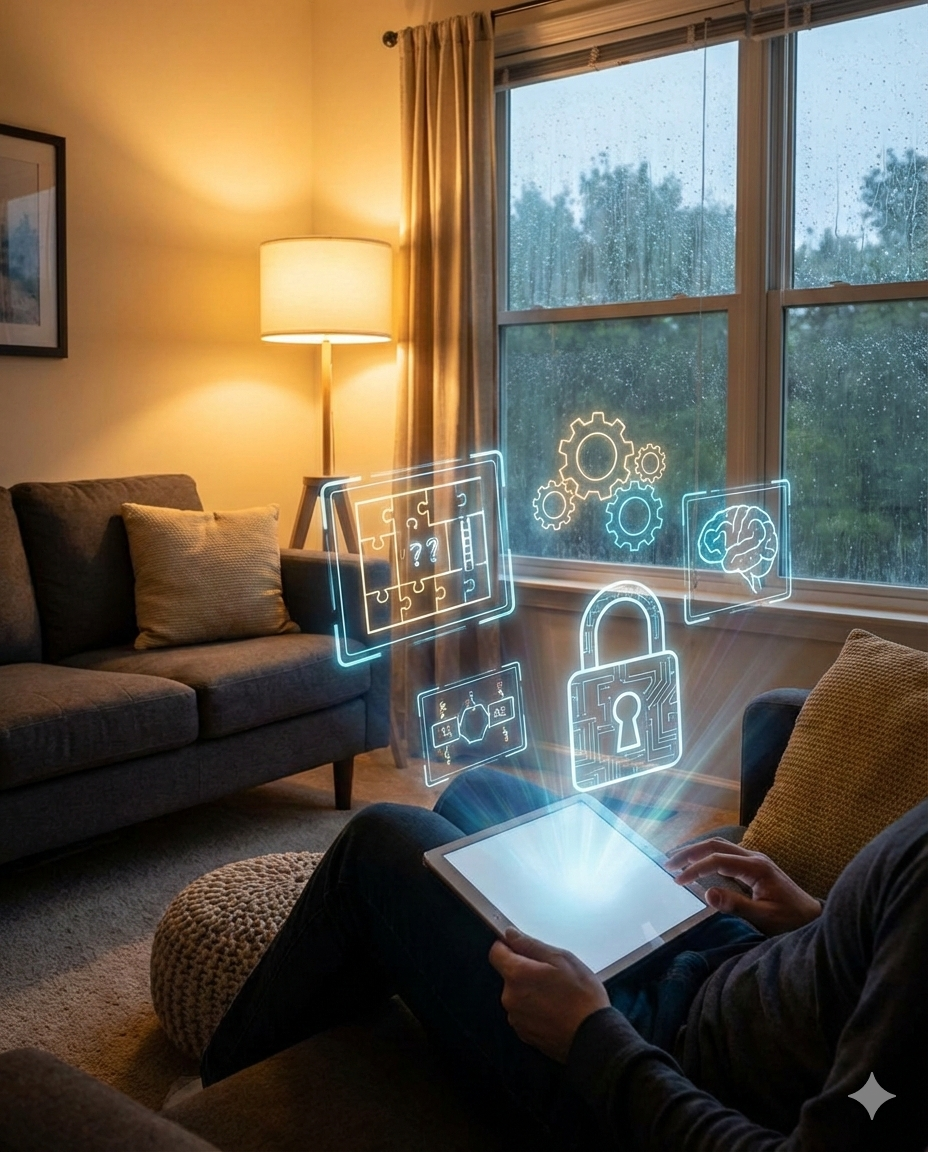 Persona en un salón lluvioso usa una tablet de la que emergen hologramas de puzles, cerebro y un candado.