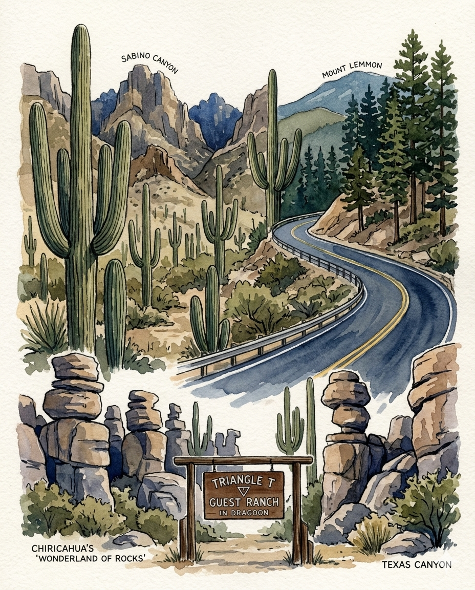 Watercolor rendering of a few amazing hikes and iconic sites we've explored in Southern Arizona