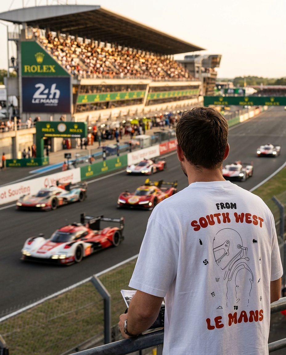 A spectator watching endurance race cars speed past the grandstands at the 24 Hours of Le Mans track.