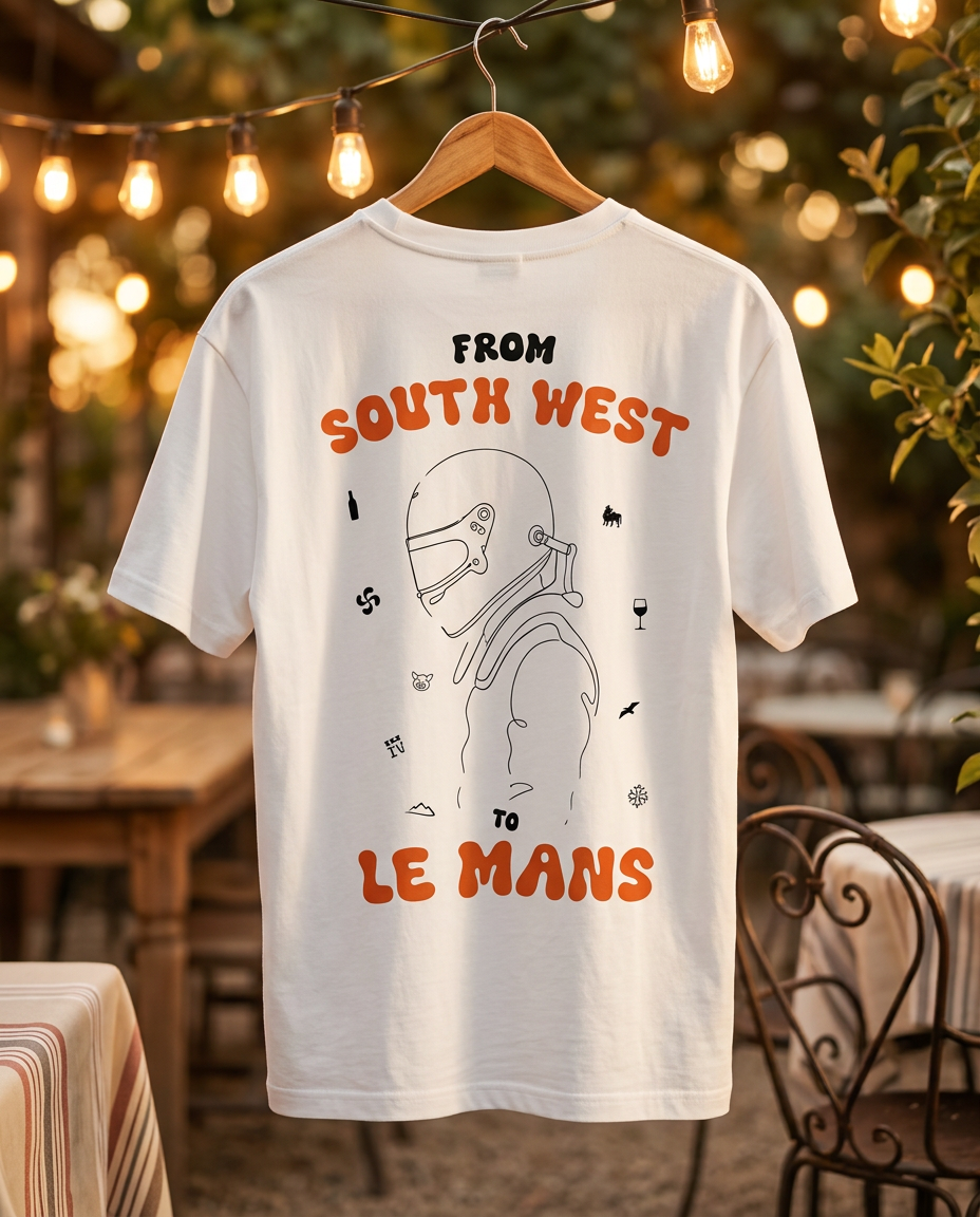 White graphic t-shirt with orange Le Mans racing text and a driver helmet illustration on a hanger.