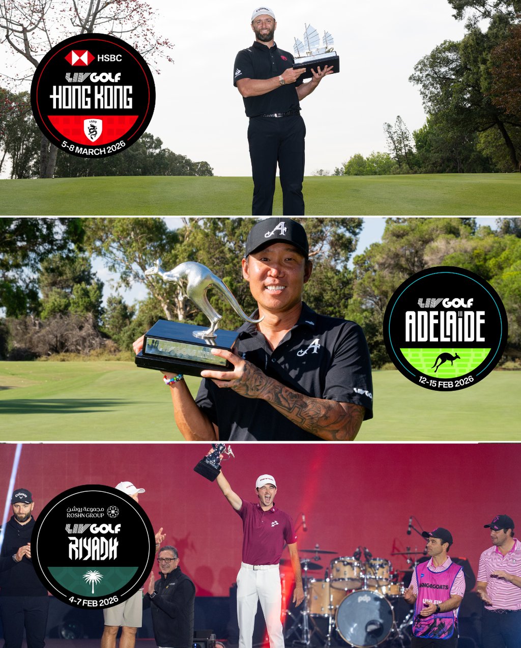 2026 LIV Golf League winners Jon Rahm, Anthony Kim, and Elvis Smylie (Photo: LIV Golf)