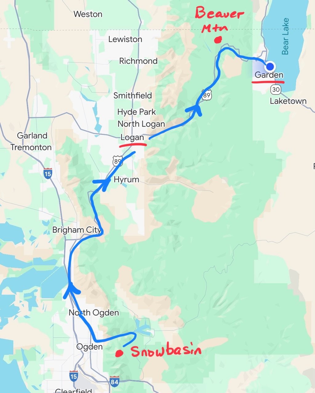 Route from Snow Basin to Beaver Mtn.