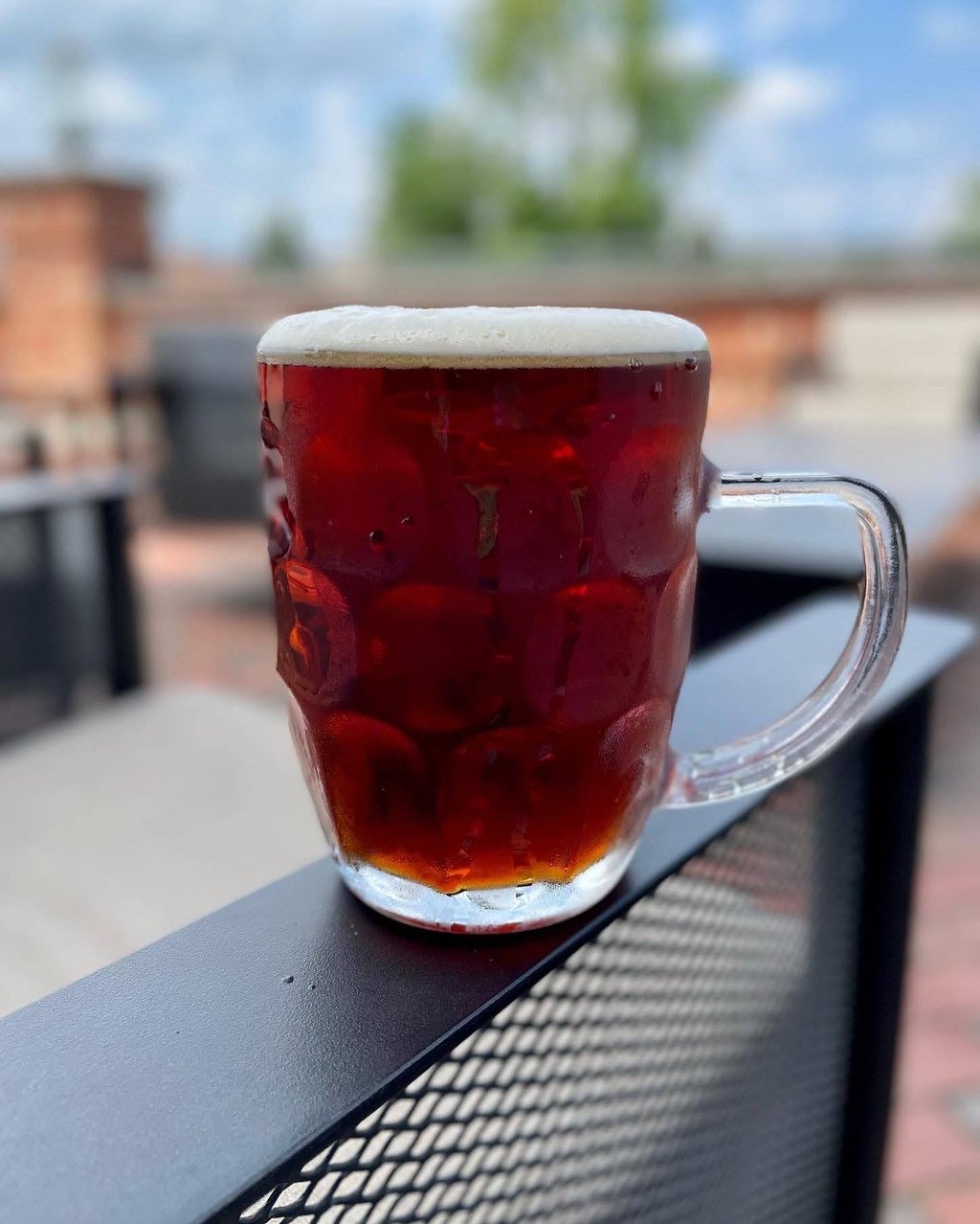 A cold dimpled glass mug of mexican dark amber ale with white foam sitting on a patio railing.
