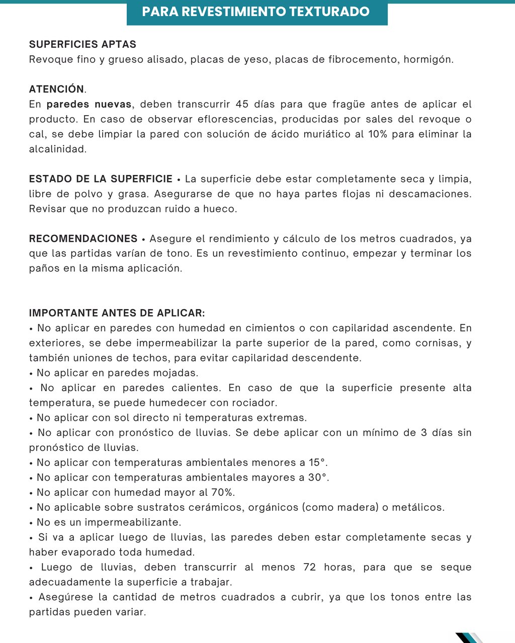 FICHA TECNICA Impormacion importante para revestimiento texturado 
