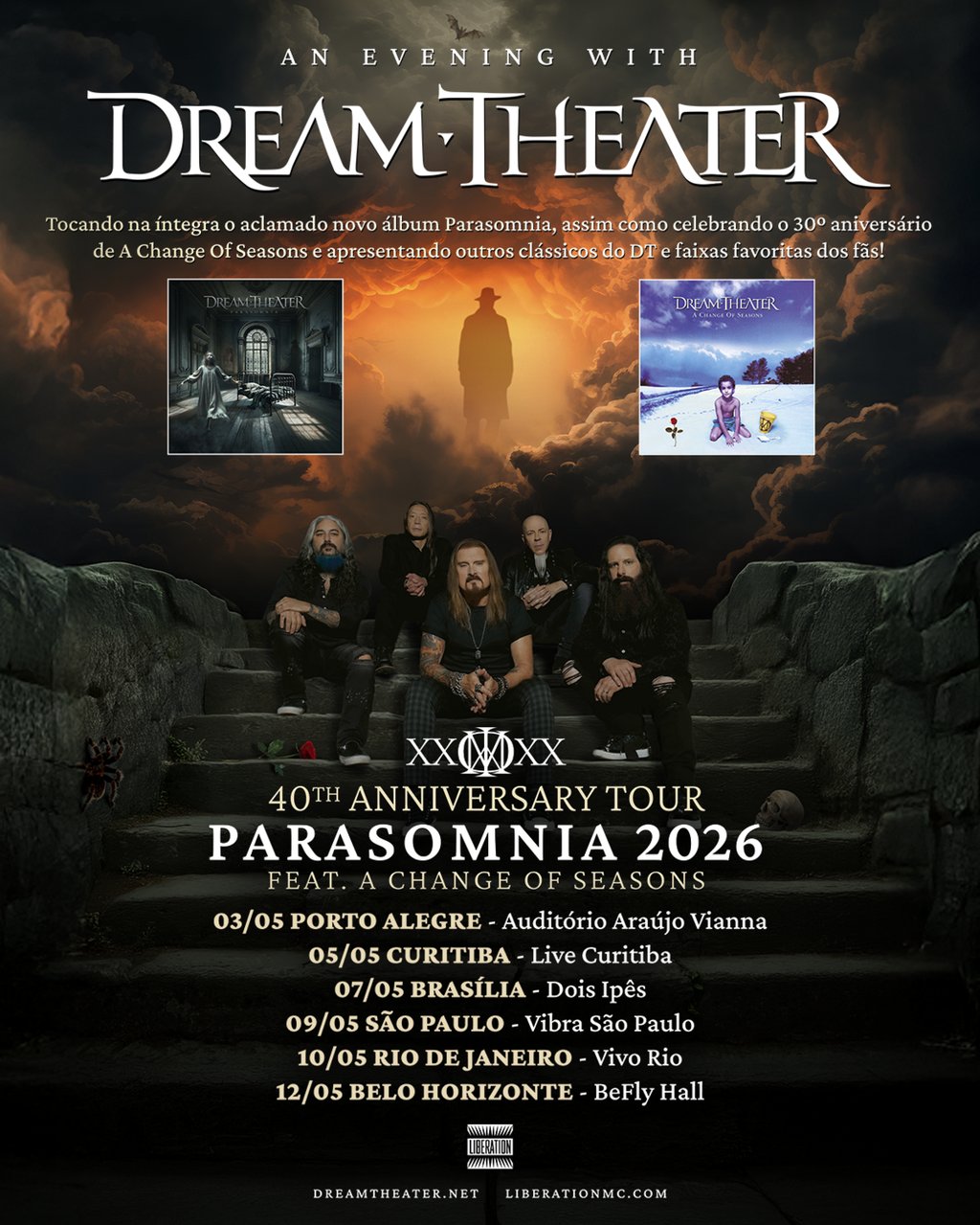 Dream Theater aparece em pose sóbria e confiante, refletindo a nova era da banda com o disco novo.