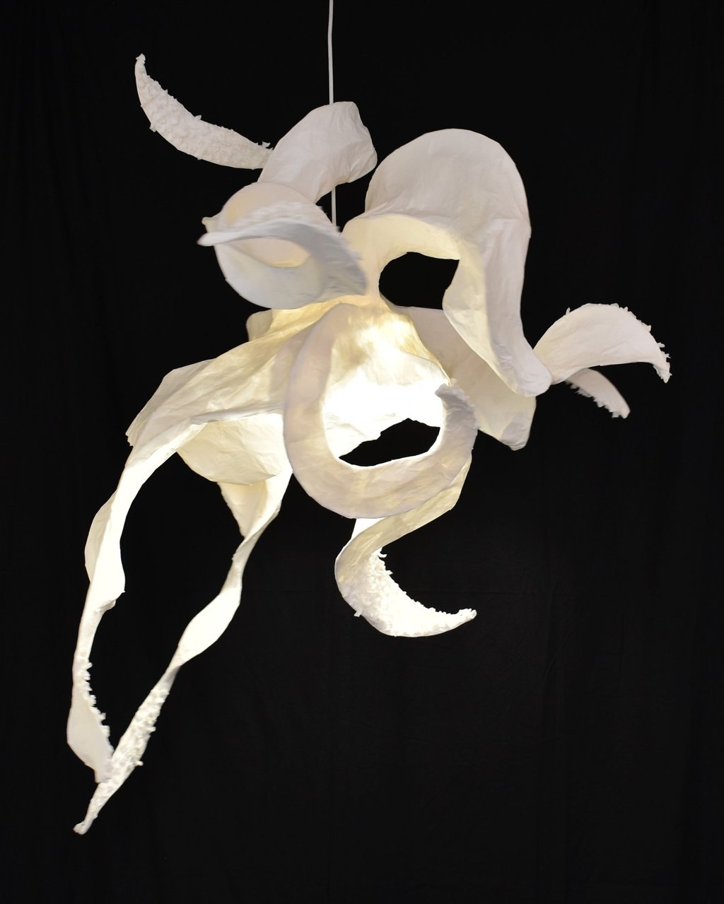 a white paper flower hanging from a string