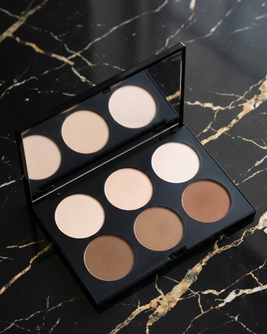 Professional contour and highlight powder palette with six shades on a black marble background.
