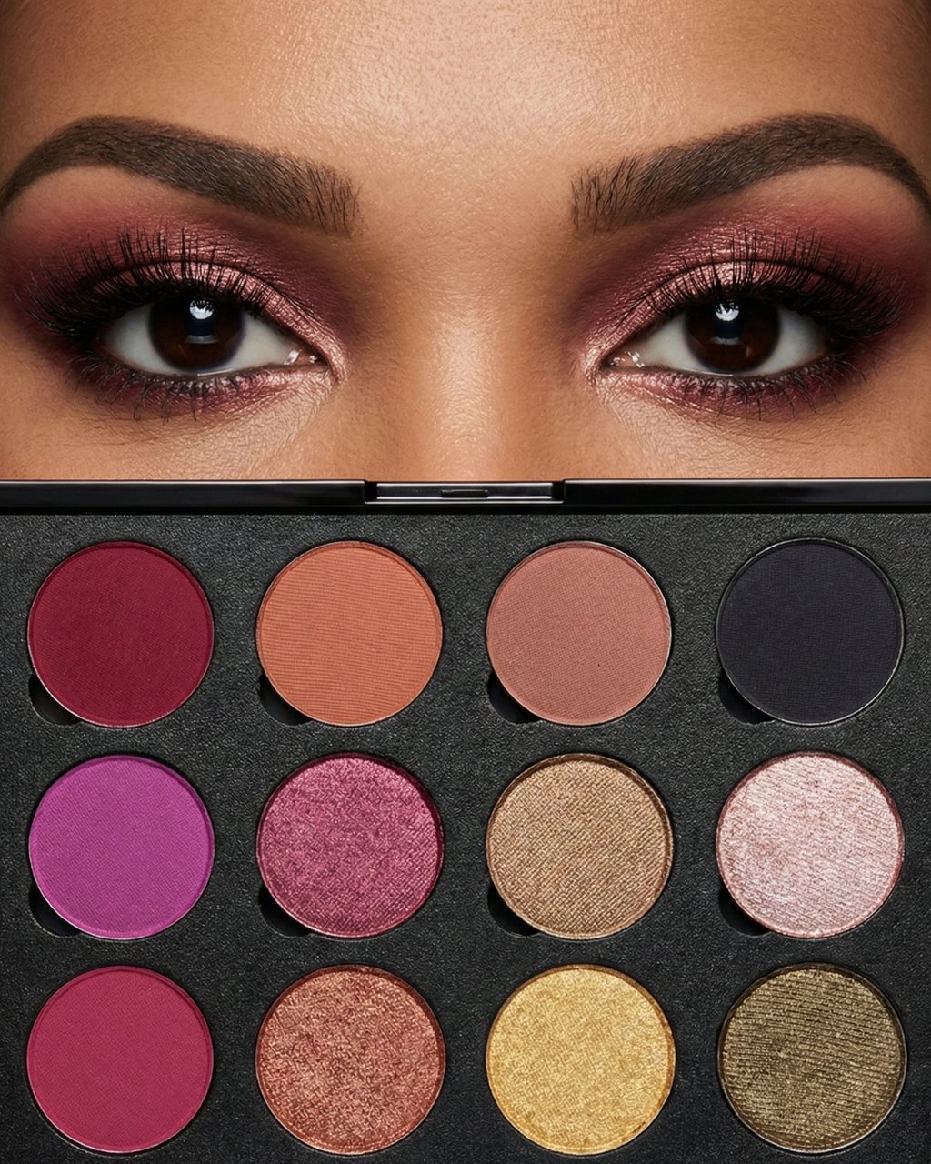 Professional makeup palette with shimmer and matte eyeshadows held below eyes wearing a smokey rose look.