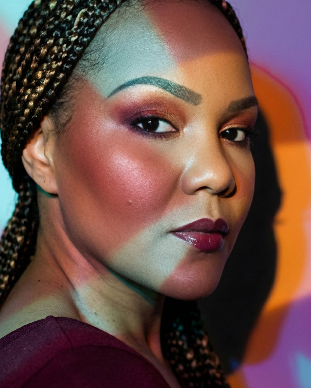 Portrait of a woman with braided hair wearing bold berry makeup and creative colored lighting.