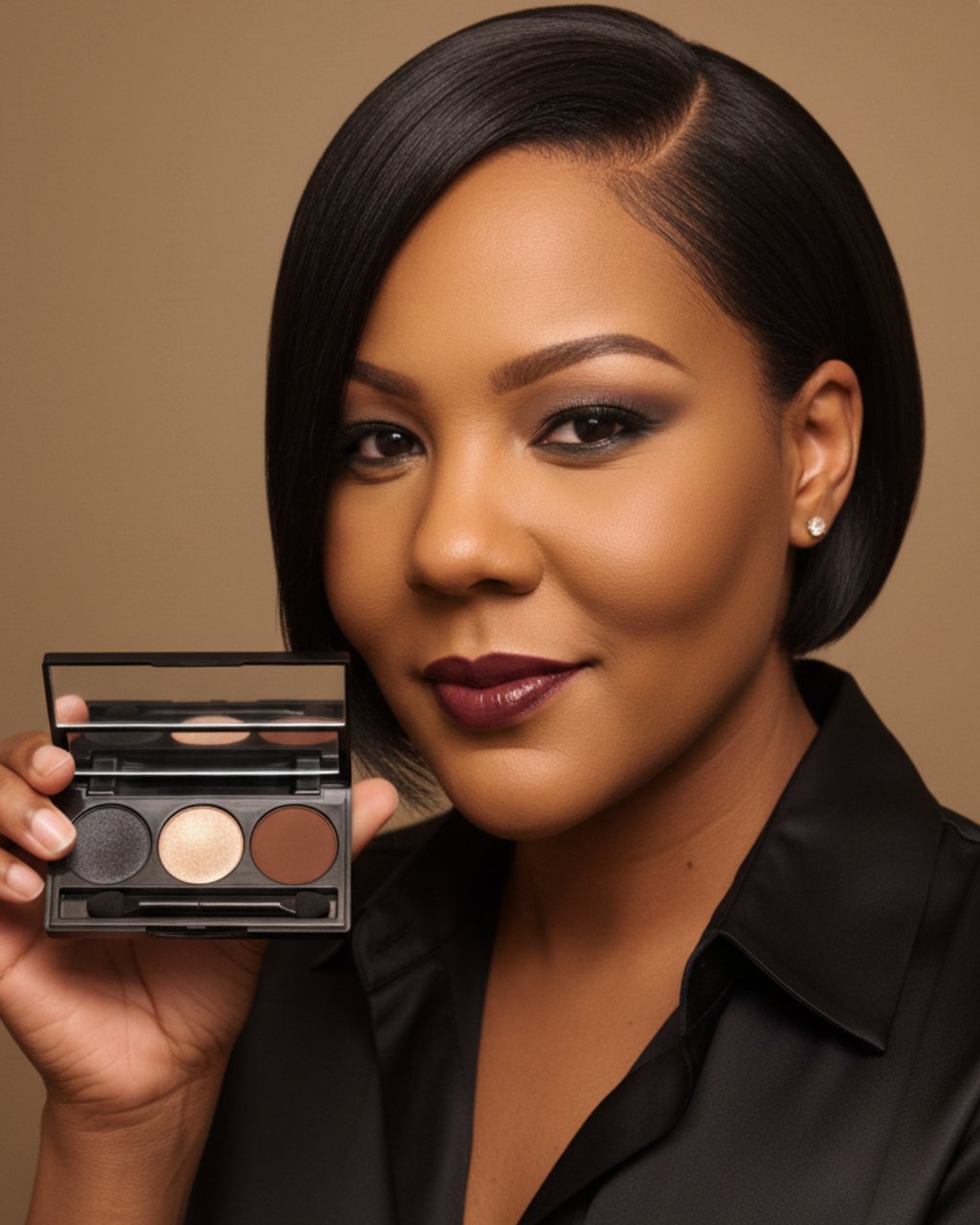 A woman with a sleek bob hairstyle holds a neutral eyeshadow palette featuring matte and shimmer tones.