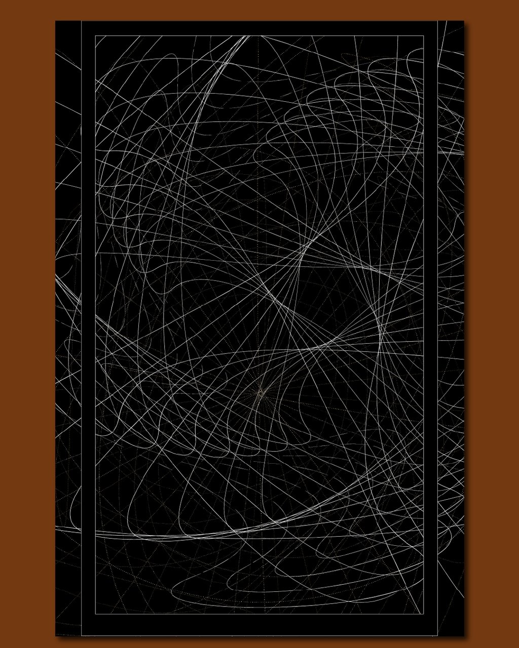 Abstract black and white linear art featuring thin white curved lines on a dark background.