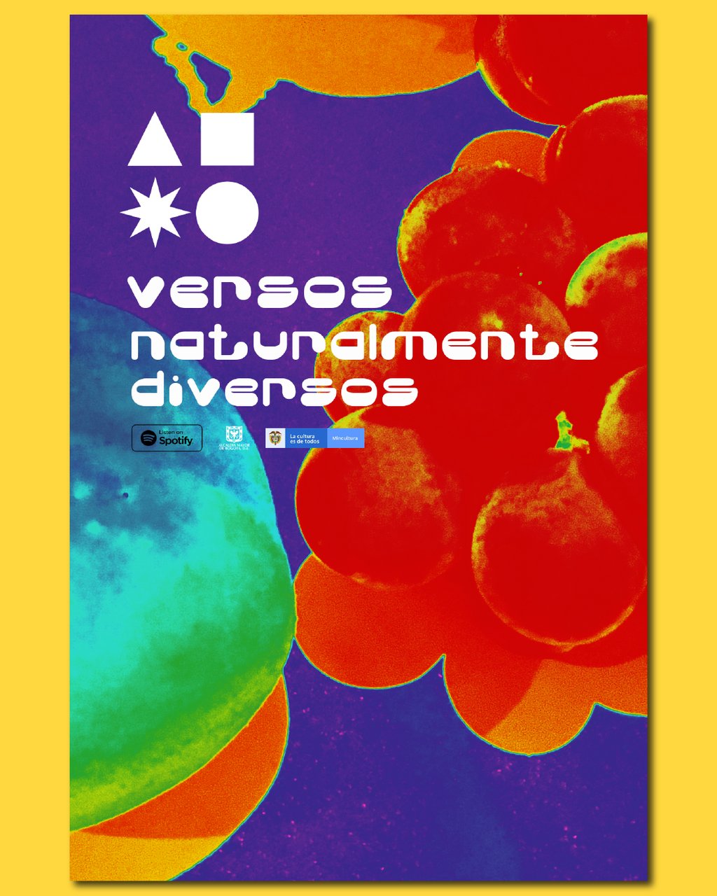 Artistic poster for Versos Naturalmente Diversos featuring colorful abstract fruit and geometric shapes.