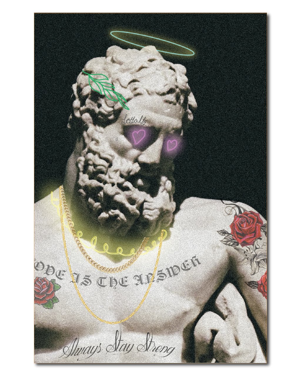 Greek statue bust art with modern tattoos, gold chains, and neon heart eyes in a vaporwave aesthetic style.