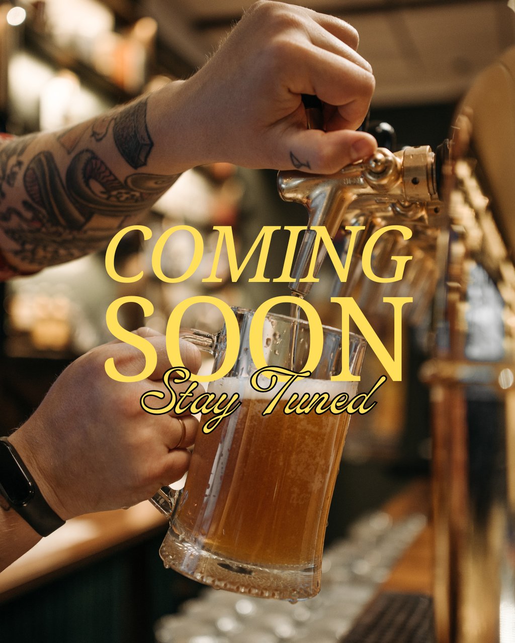 A tattooed bartender pours a craft beer from a tap with Coming Soon text overlay.