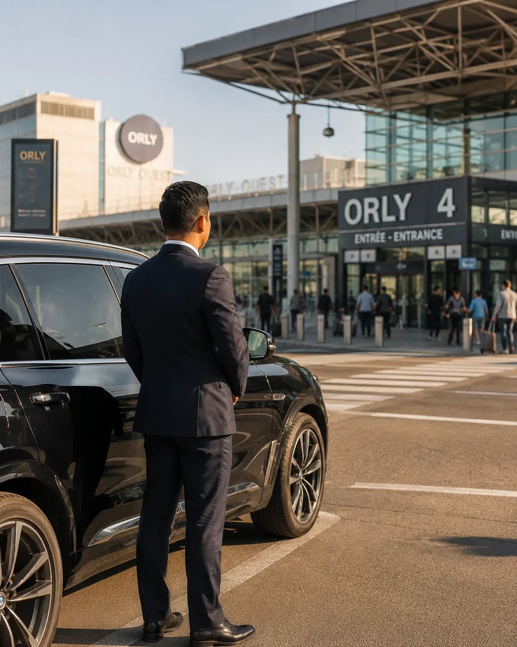 Filipino driver in Paris waiting at Orly airport for private transfer