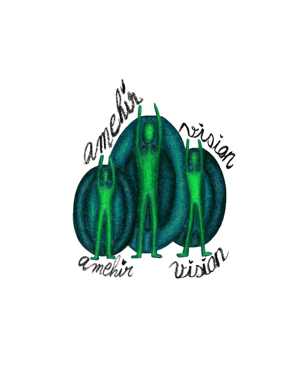 logo de AMEHIR VISION : des bohnomes verts levant les bras au ciel