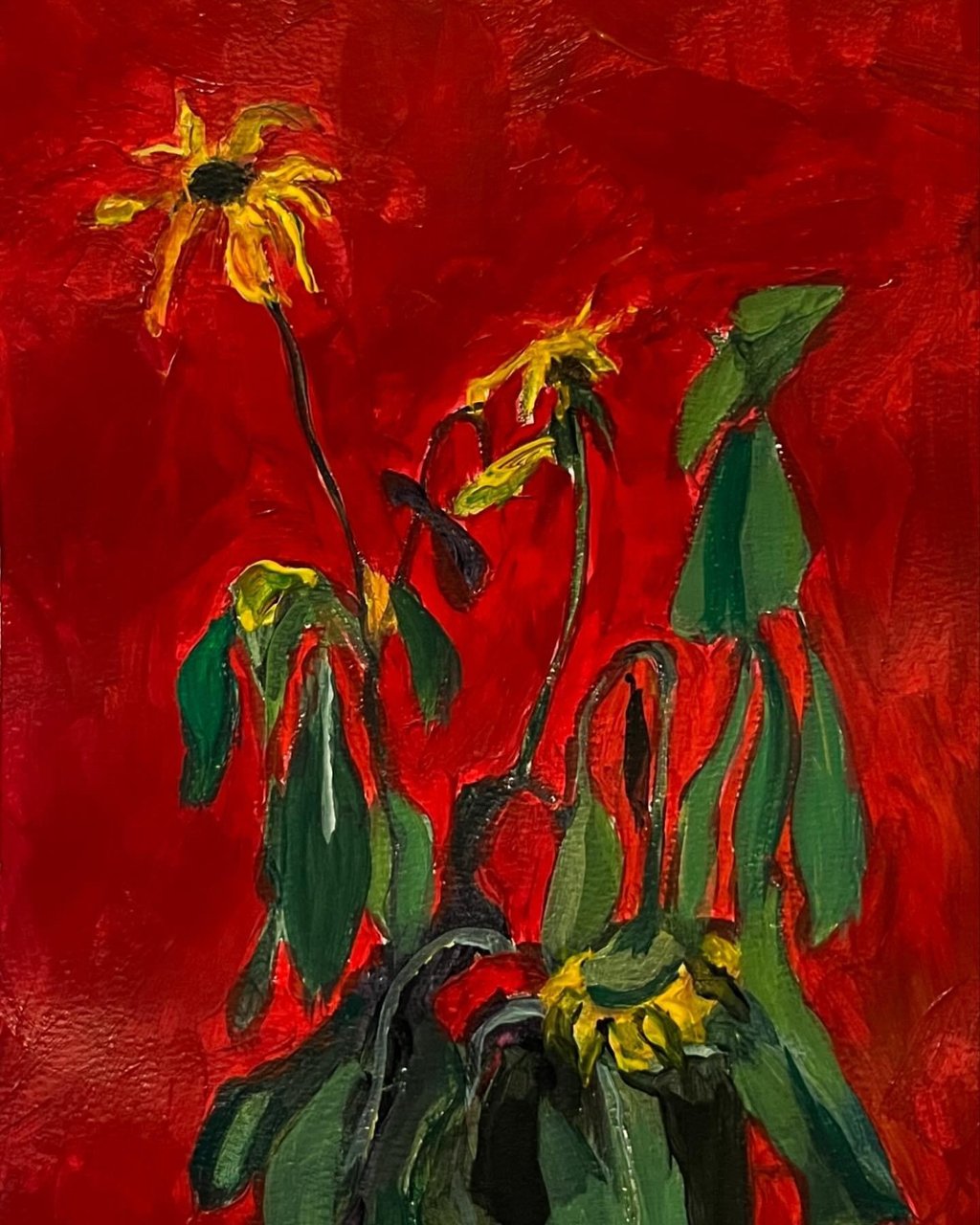Dying Flowers on Red on Paper in Acrylic