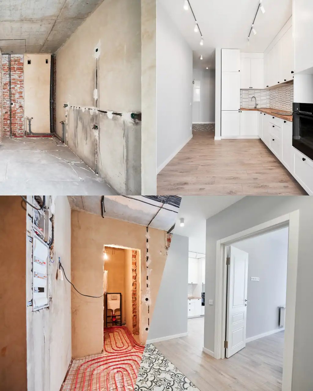 Before and after 3D virtual renovation of a kitchen and bathroom, showcasing a transformation 