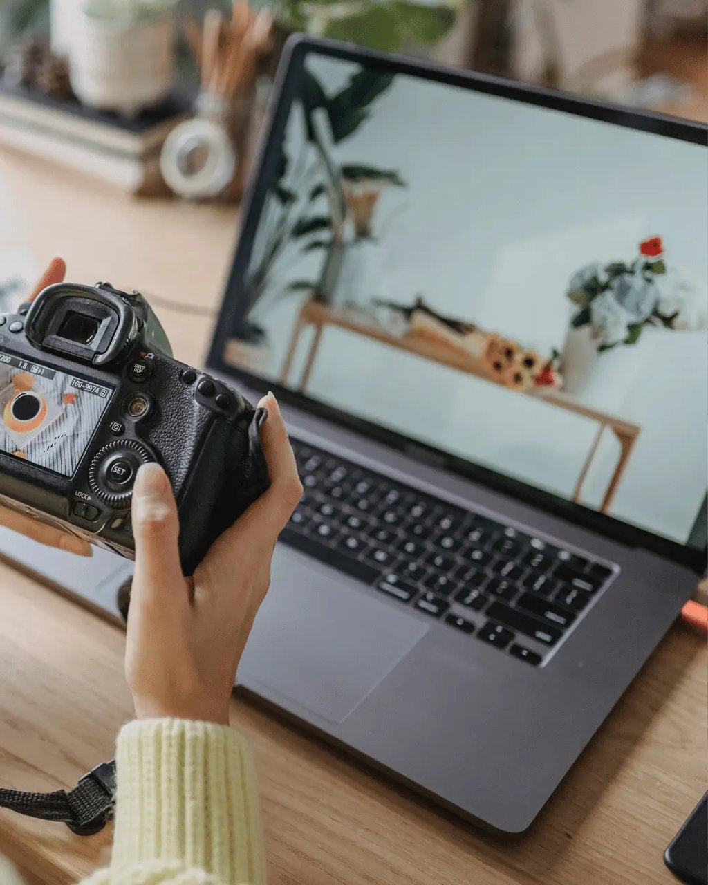 Photographer reviewing real estate photos for fast editing.