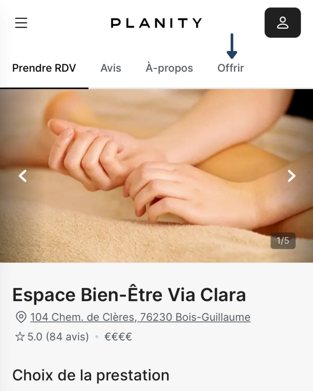 Page Planity de L'Espace Bien-Être Via Clara, indiquant le bouton "Offrir"