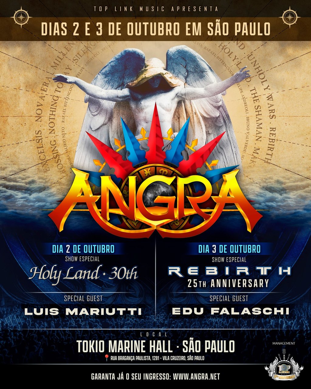 Cartaz do show da banda Angra do disco "Rebirth" no Tokio Marine Hall 
