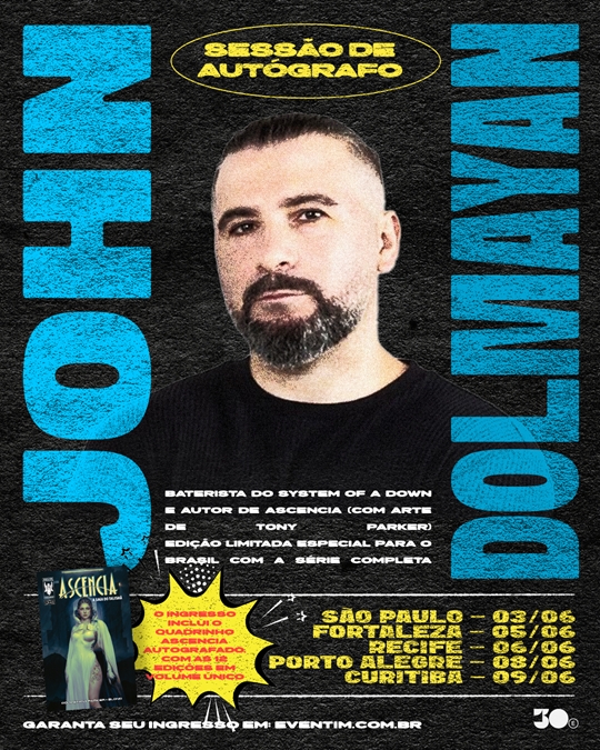 Arte de divulgação atualizada com o rosto de John Dolmayan e artes conceituais da HQ ASCENCIA