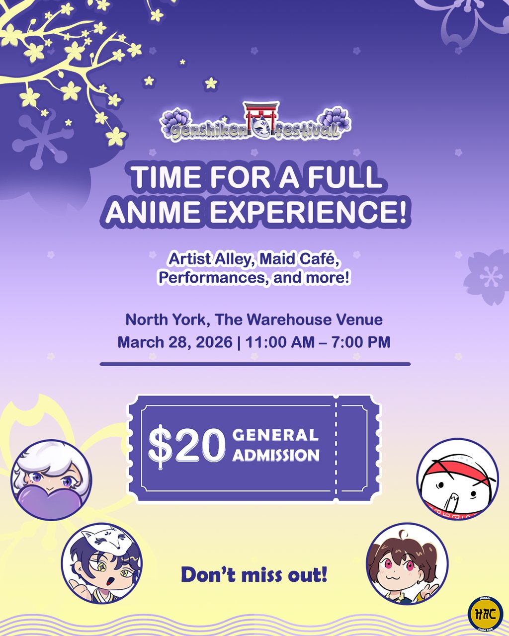 Social media ad event for Genshiken and Humber Anime Club with purple gradient plus event details.
