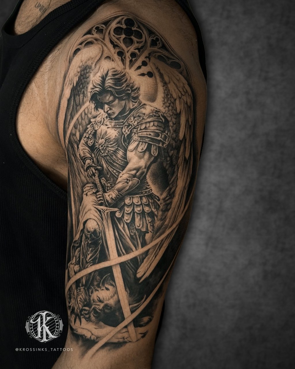 Realistic warrior arm tattoo with detailed shading by Krossinks Tattoo Studio Navi Mumbai