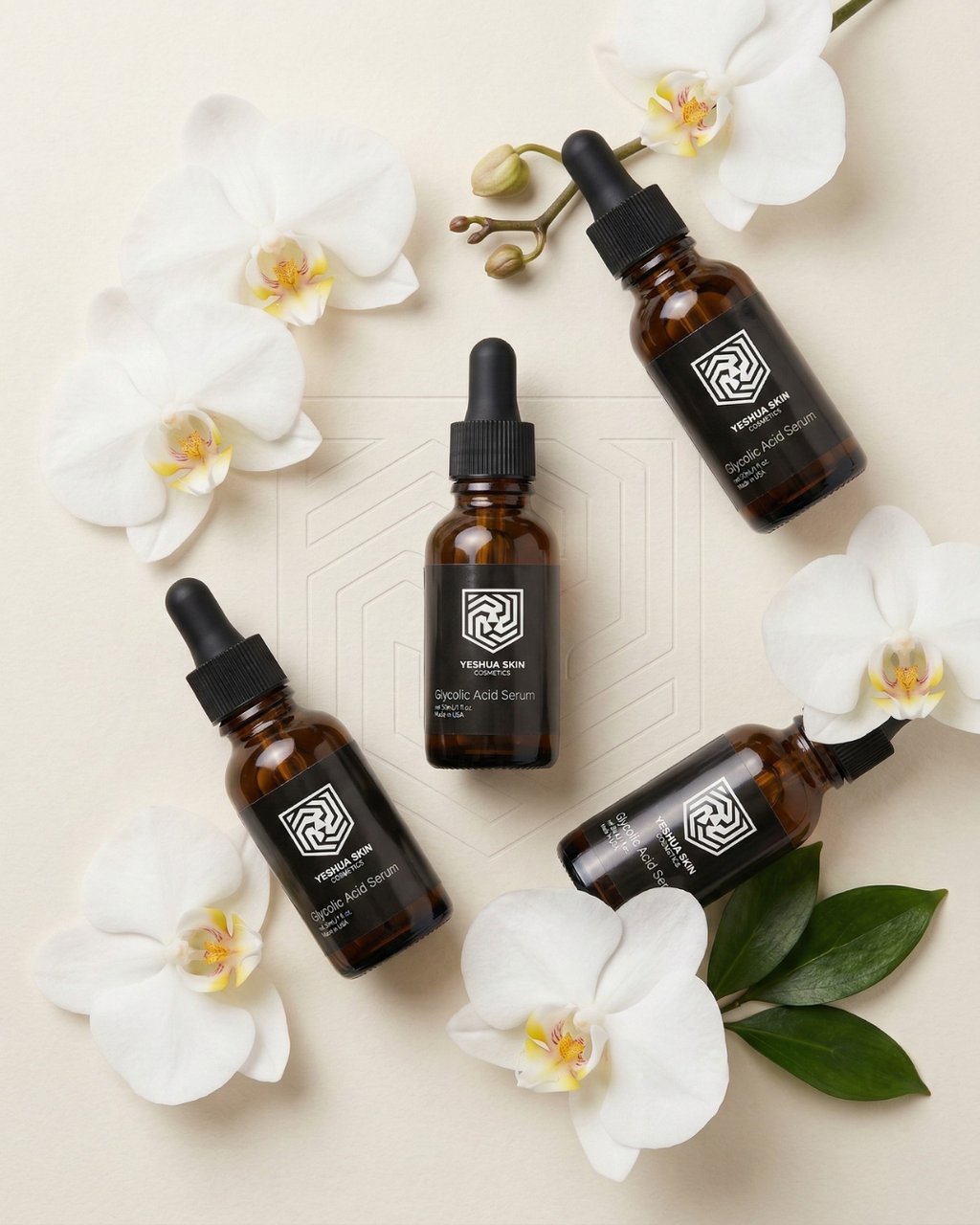 Amber glass bottles of glycolic acid serum surrounded by white orchid flowers for skincare branding.