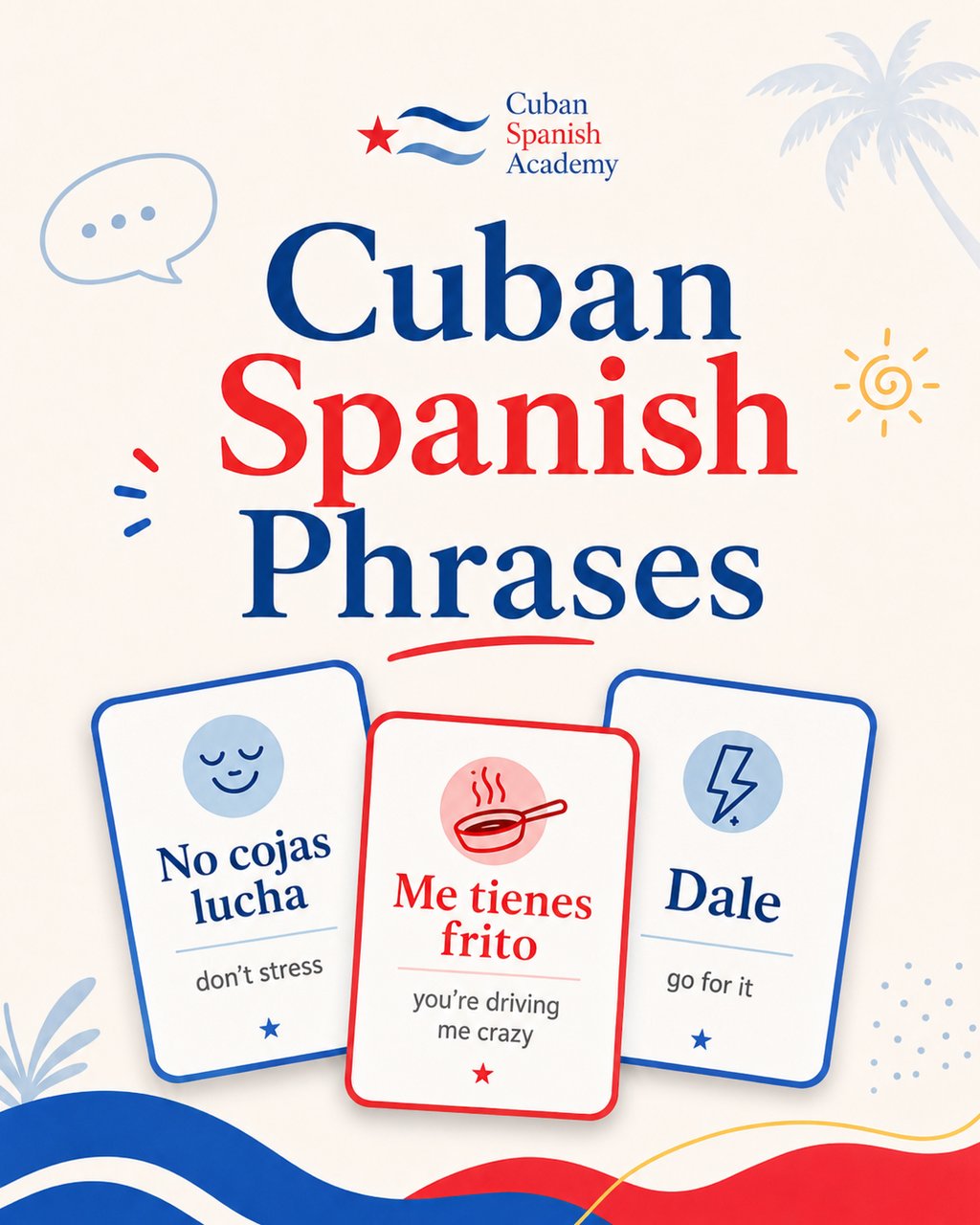 Educational graphic from Cuban Spanish Academy showing common Cuban Spanish phrases and translations.