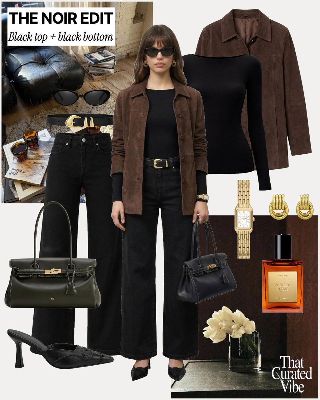 All black outfit with straight-leg jeans, fitted top, brown suede jacket and black leather handbag