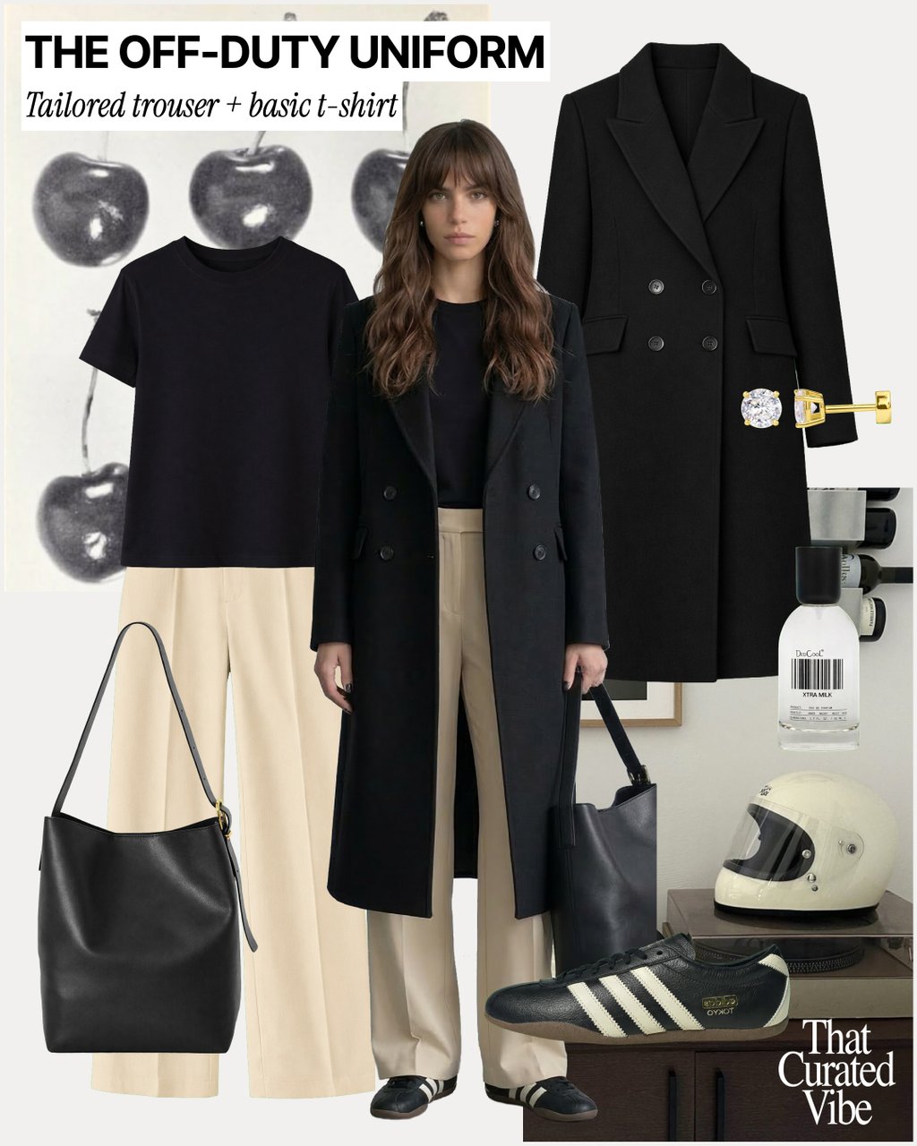 Elevated everyday outfit with tailored trousers, t-shirt, long coat and sneakers