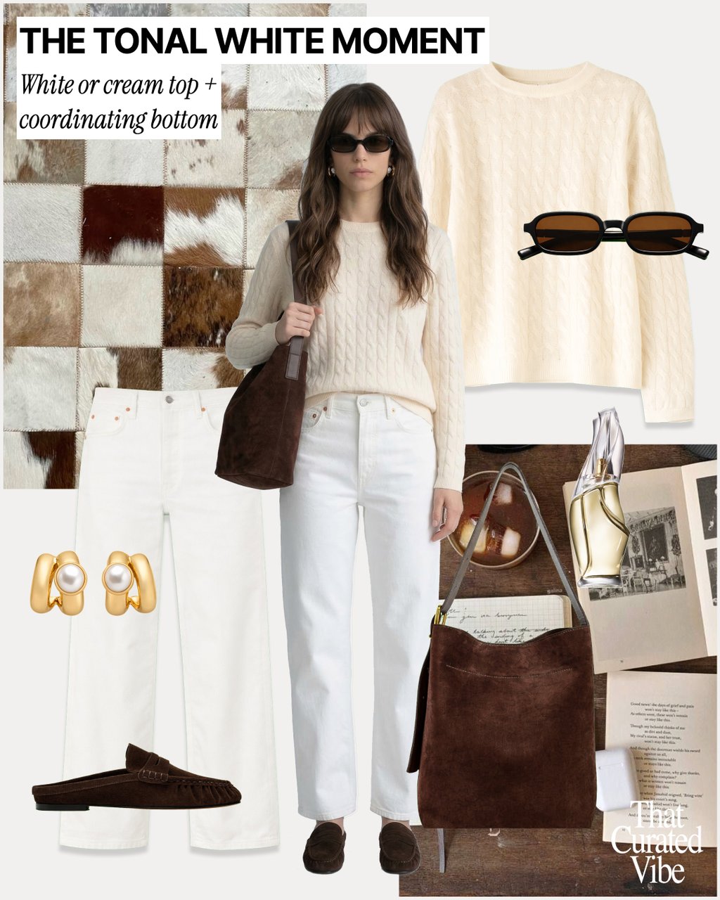 White and cream outfit with jeans, sweater, loafers and brown leather bag