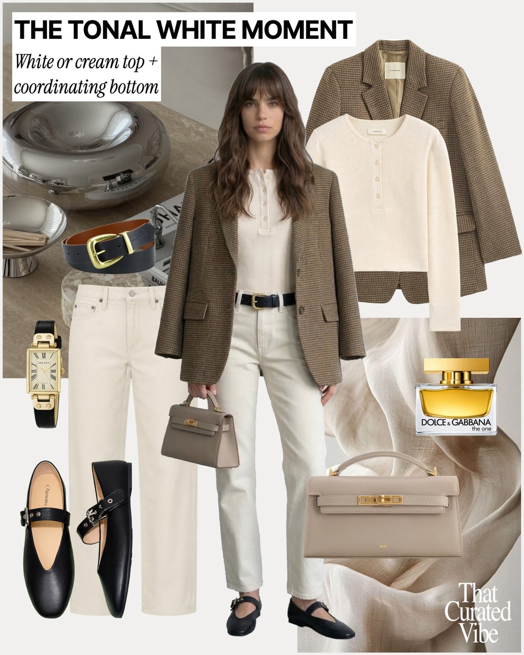 Neutral outfit with cream trousers, knit sweater and structured blazer styled with flats
