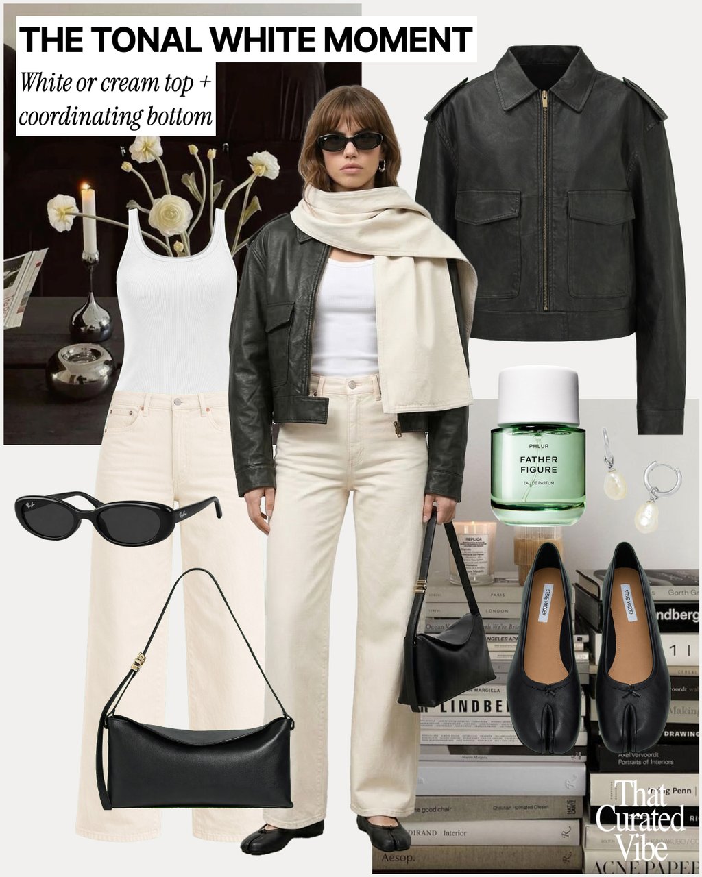 Monochrome neutral outfit with light trousers, white top, jacket and minimalist accessories