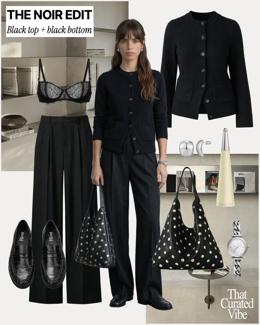 Monochrome black outfit with tailored trousers, cardigan and loafers styled with minimal accessories