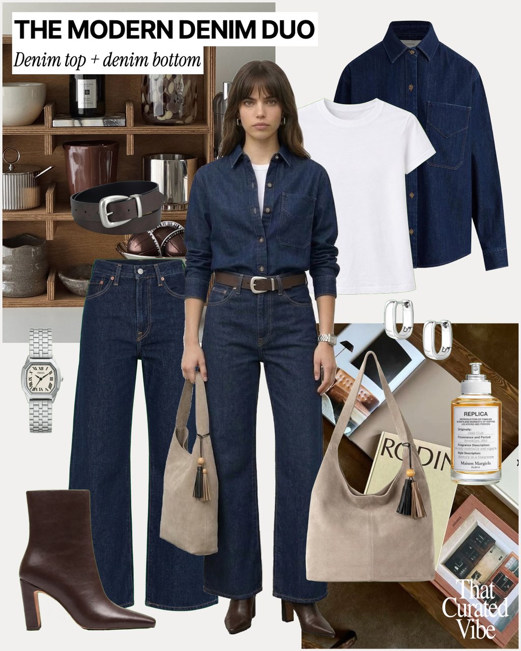 Classic double denim look with dark jeans, denim shirt and leather accessories