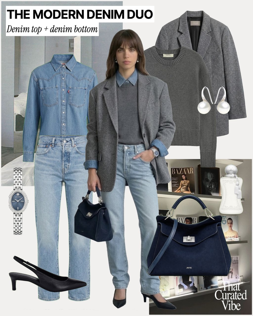 Elevated denim on denim outfit with blazer, light wash jeans and heels