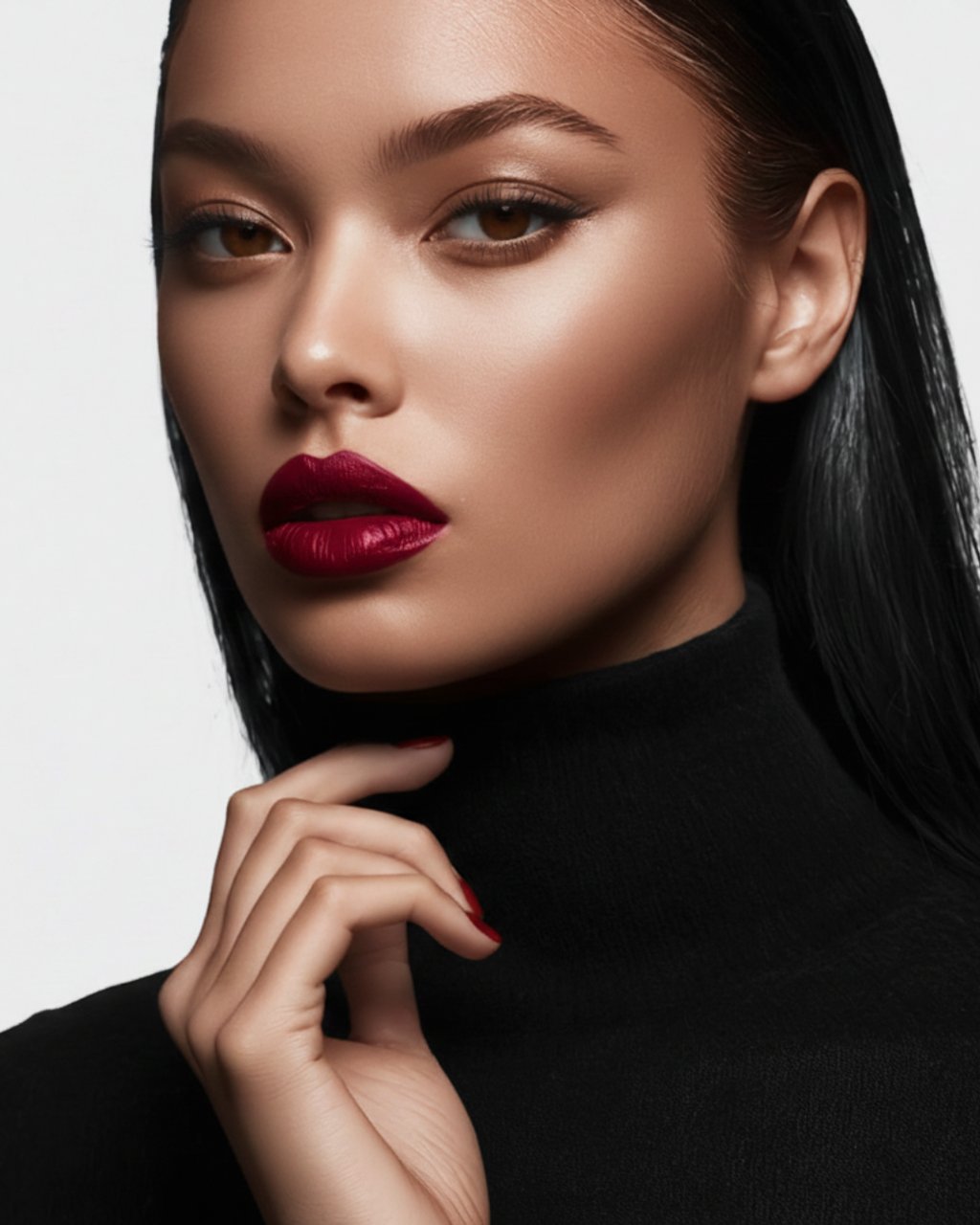 A woman with bold red lipstick and sleek black hair posing in a black turtleneck sweater.