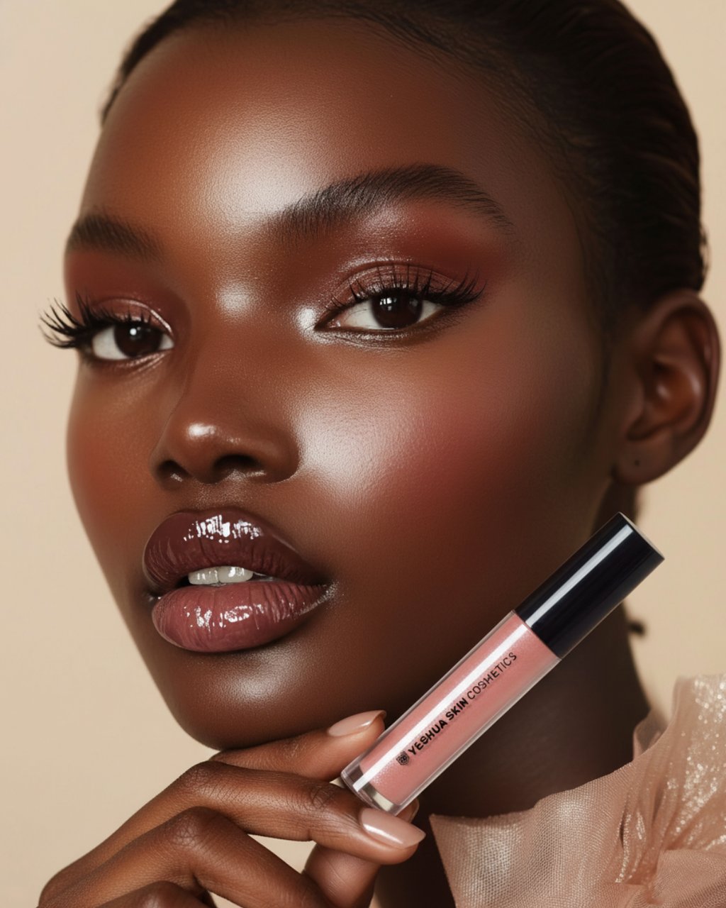 A model with deep skin wearing Yeshua Skin Cosmetics glossy liquid lipstick and warm eyeshadow.