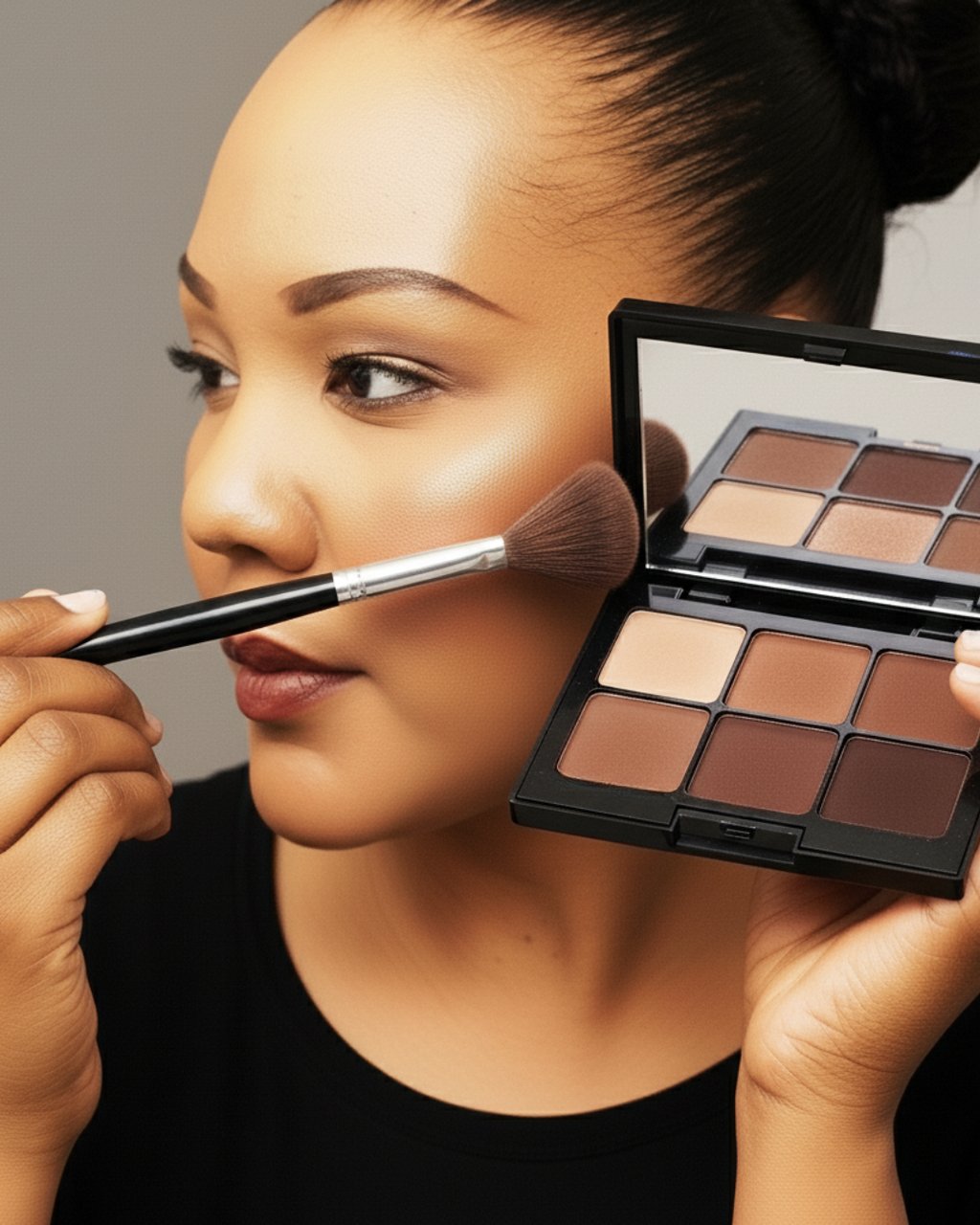 a woman with a brush and makeup palette