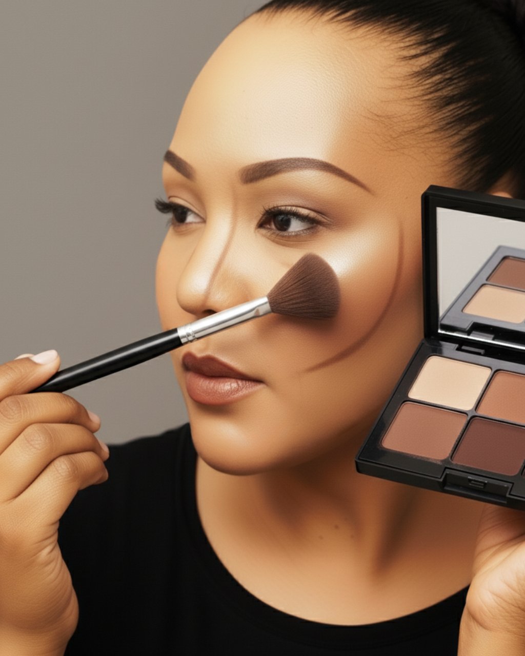 a woman with a brush and makeup palette
